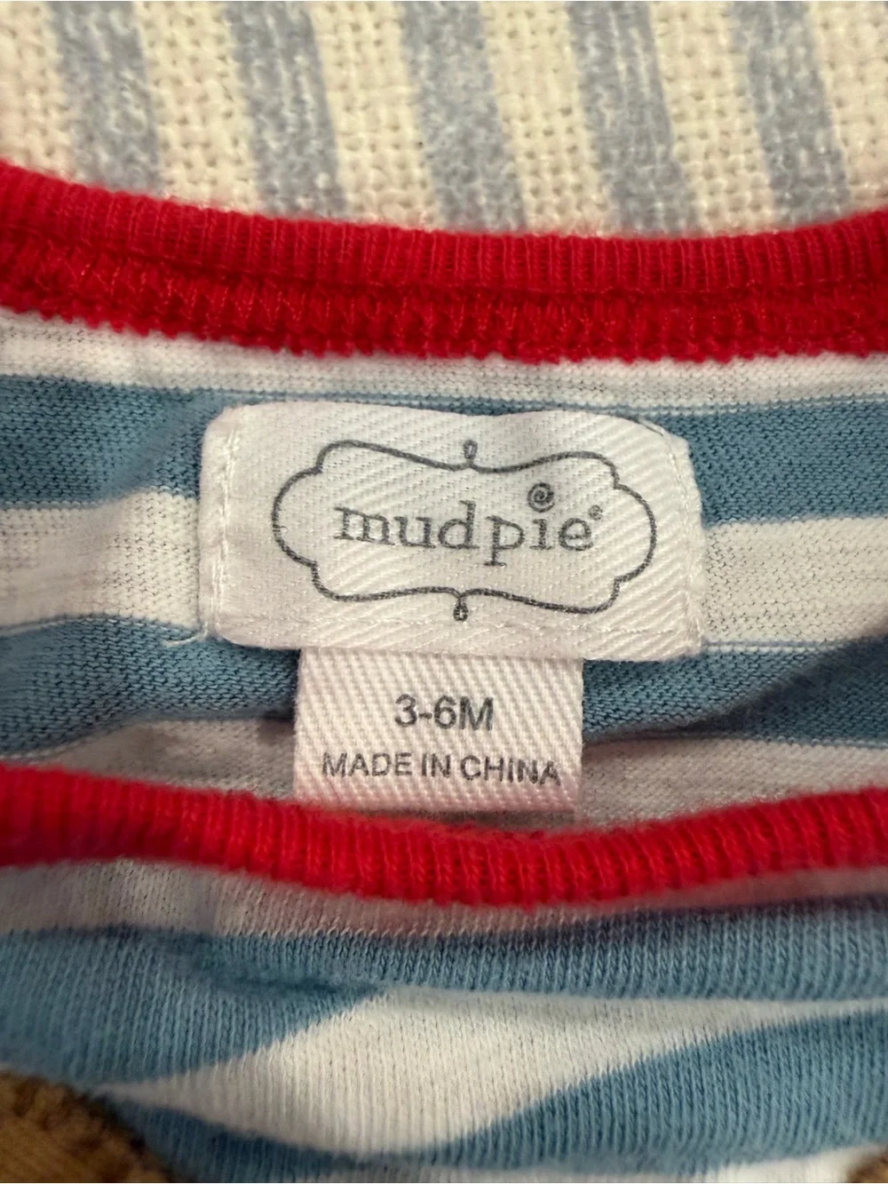 Mud Pie, Striped Blue & White Baby Romper with Red Trim, size 3-6m
